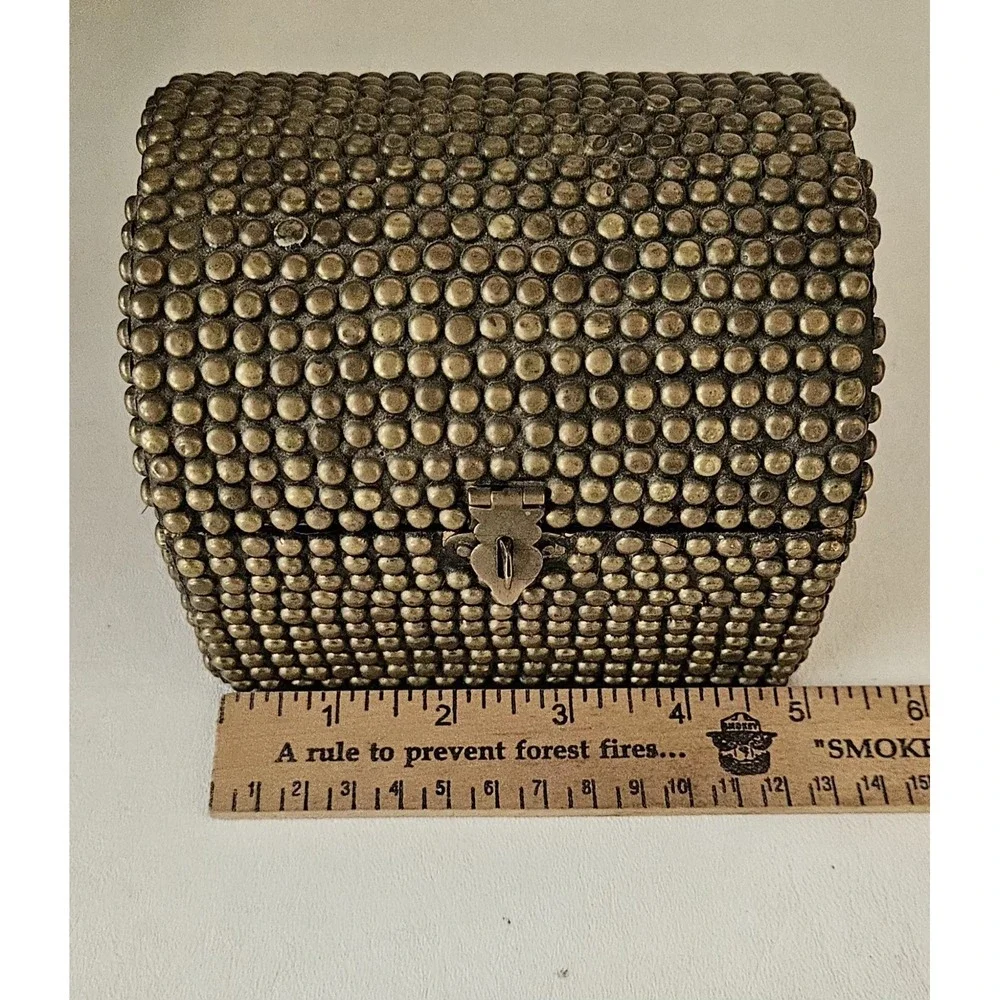 Vintage Brass Hobnail Wood Barrel Top Trinket Box 5